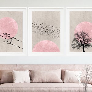 Blush Pink Sun Silhouette Set of 3 Prints, Scandi Nordic Print Set, Minimalist Wall Art, Abstract Art Print Set, Pink and Grey Wall Decor