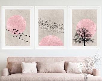 Blush Pink Sun Silhouette Set of 3 Prints, Scandi Nordic Print Set, Minimalist Wall Art, Abstract Art Print Set, Pink and Grey Wall Decor