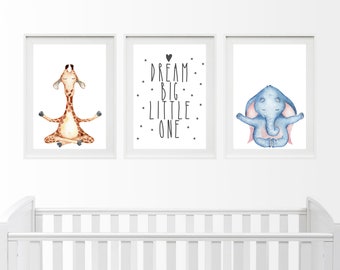 Safari Animal Nursery Print Set of 3, Jungle Animal Nursery Wall Art Set, Giraffe and Elephant Wall Art Set, Cute Baby Animal Print Set of 3