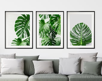Monstera Leaf Print Set van 3, Grote Blad Prints, Palm Leaf Wall Art, Tropische Blad Prints, Botanische Kunst Set, Zwitserse Kaas Plant Print Set