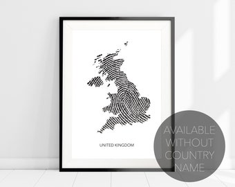 UK Map Fingerprint Art Print, Great Britain Country Map Print, United Kingdom Map Travel Wall Art, Modern Map Art Print Poster, UK Wall Art