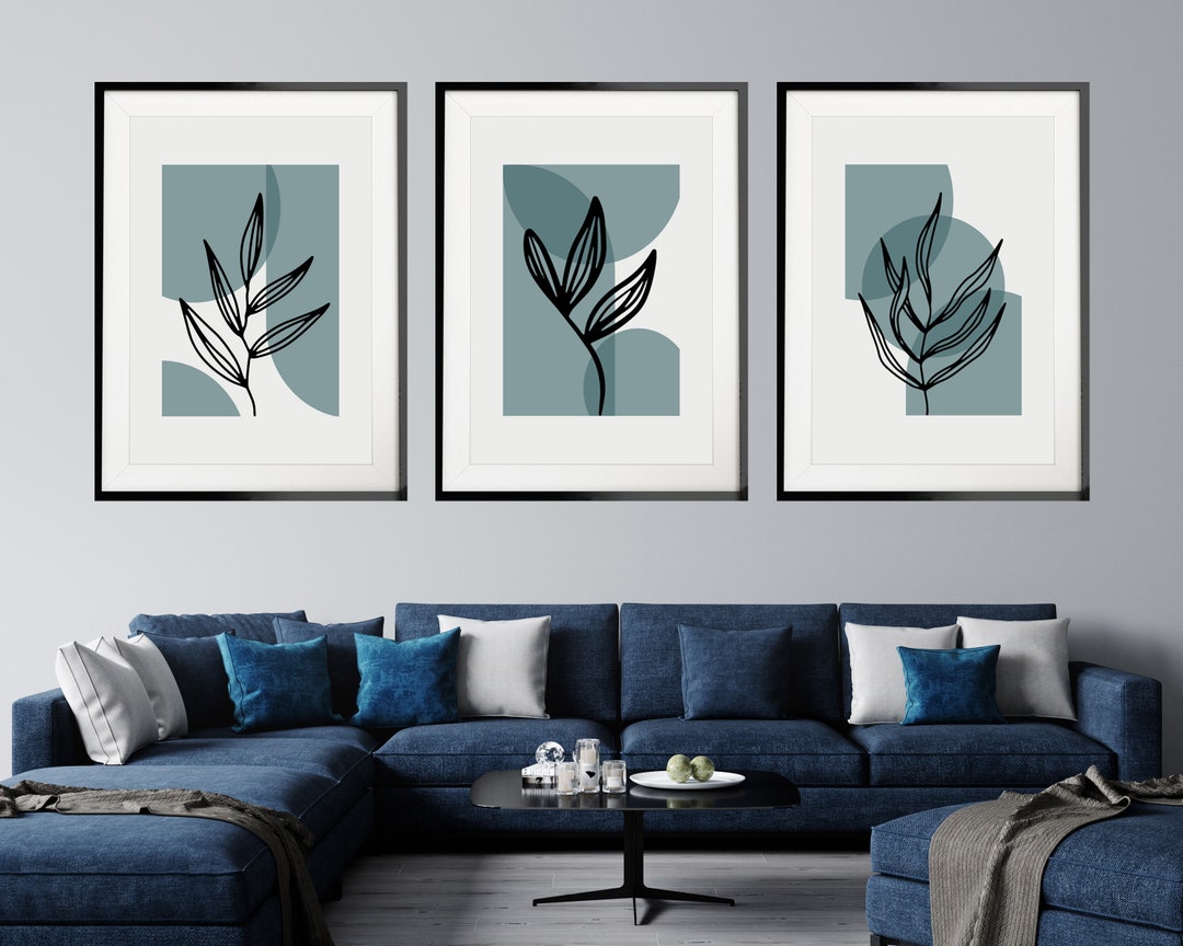 Set of 3 Leaf Prints, Blue and Grey Wall Art Set, Minimalist Abstract ...