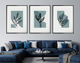 Set of 3 Leaf Prints, Blue and Grey Wall Art Set, Minimalist Abstract Print Set, Botanical Line Art Prints, Plant Prints, Flower Wall Art