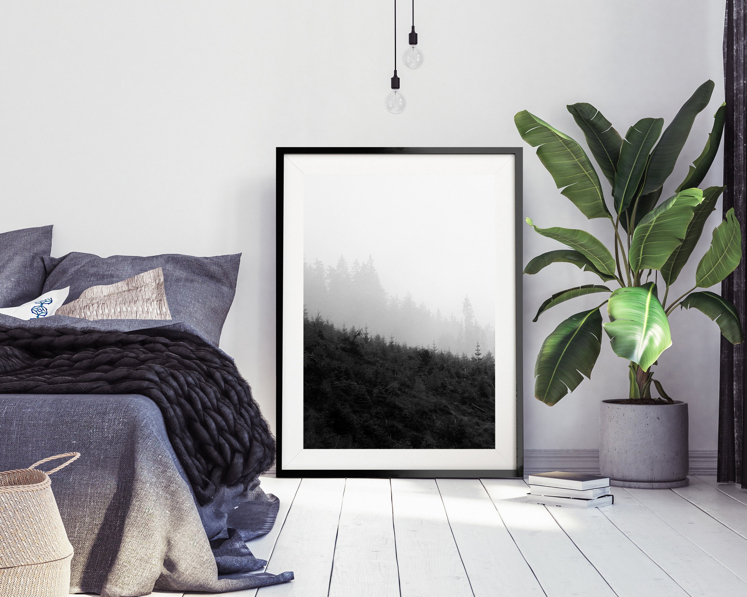 Nordic Forest Art Print, Scandi Wall Art, Black and White Foggy Forest ...