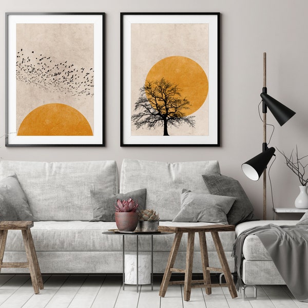 Sunset Silhouette Set de 2 estampes, Ensemble d’art mural, Ensemble d’impressions d’art abstrait, Art minimaliste nordique, Affiches de nature, Beaux-arts, Boho Home Decor