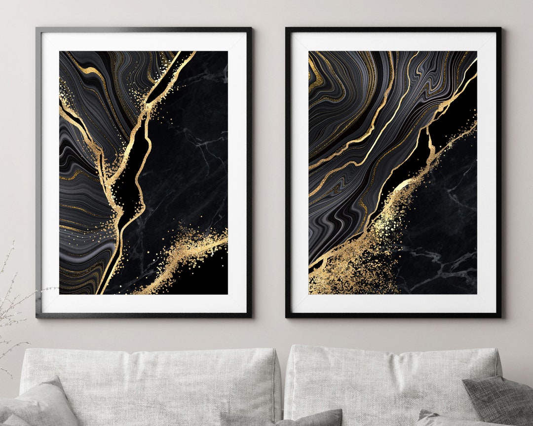 Black and Gold Abstract Art Print Set, Marble Wall Art Print Set of 2 ...
