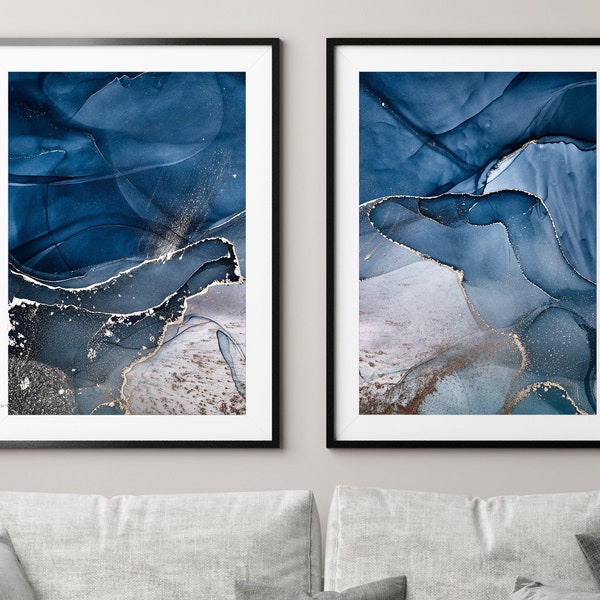 Abstract Blue, Gold and White Print Set of 2, Blue Watercolour Wall Art, Minimalist Art Painting, Large Wall Art, Navy Blue Home Decor