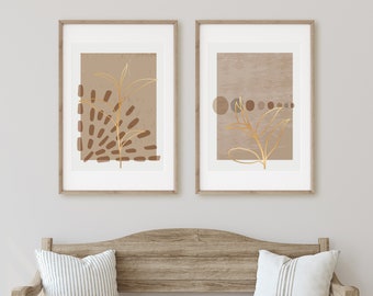 Boho Botanical Art Print Set of 2, Beige Gold Wall Art Set, Set of 2 Minimalist Prints, Neutral Abstract Art, Lounge Wall Art, Boho Decor