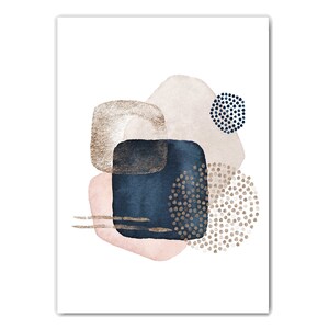 May include: Abstract watercolor painting with pink, beige, and blue shapes. The shapes are layered and overlapping, creating a sense of depth. The painting is on a white background.