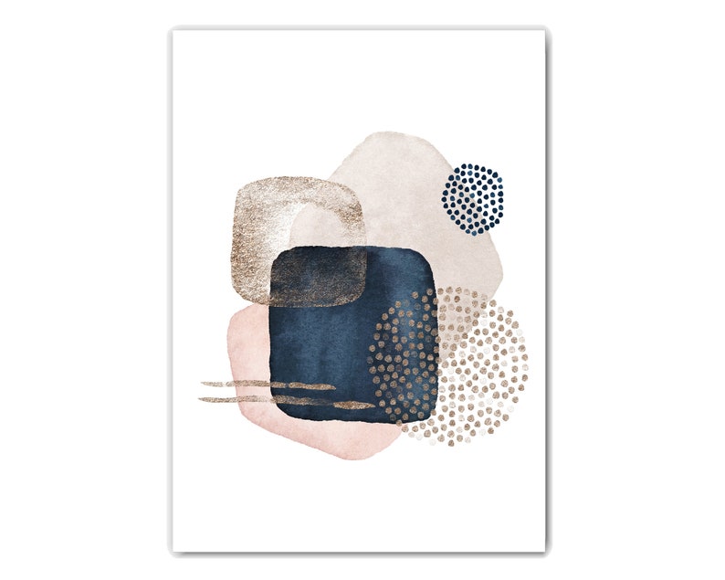 May include: Abstract watercolor painting with pink, beige, and blue shapes. The shapes are layered and overlapping, creating a sense of depth. The painting is on a white background.