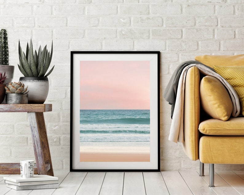 Blush Pink Beach Sunset Art Print Coastal Wall Art Sea Etsy
