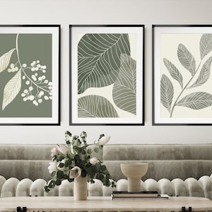 Sage Green Wall Art Set of 3, Green Botanical Print Set, Leaves Art, Vintage Foliage Prints, Kitchen Wall Art, Boho Leaf Art, Minimalist Art