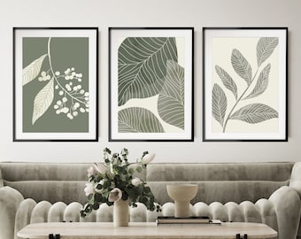 Sage Green Wall Art Set of 3, Green Botanical Print Set, Leaves Art, Vintage Foliage Prints, Kitchen Wall Art, Boho Leaf Art, Minimalist Art