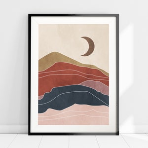 Pink Moon and Mountains Art Print, Nordic Abstract Moon Wall Art, Boho Minimalist Art, Rose Blush Pink Art, Bedroom Art, Nordic Home Decor