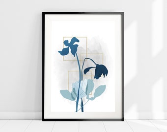 Flower Wall Art, Botanical Print, Leaf Print, Blue and Grey Wall Art, Plant Print, Blue and Gold Art, Floral Art Print, Living Room Decor