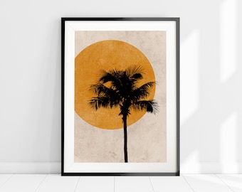 Palm Tree Silhouette Art Print, Burnt Orange Tropical Wall Art, Nordic Minimalist Wall Art, Sunset Abstract Art Print, Mid-Century Art Print