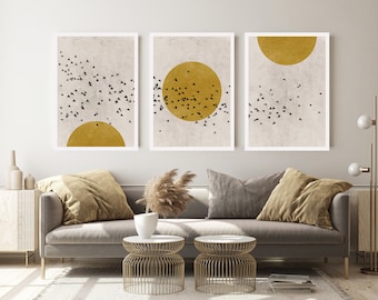 Sunrise Birds Silhouette Set of 3 Prints, Scandinavian Print Set, Orange Minimalist Wall Art, Abstract Art, Dark Yellow Japandi Wall Decor