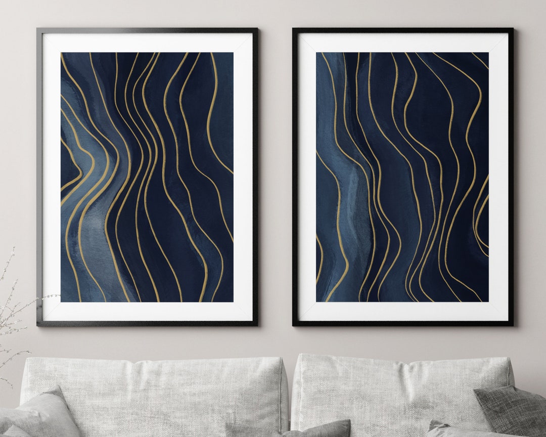 Abstract Navy Blue and Gold Prints Set of 2, Blue Wall Art Print Set of ...
