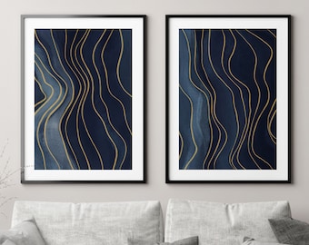 Abstraktes Blaues Blau und Gold Drucke 2er Set, Blaue WandKunst Druck Set von 2, Minimalistisches Kunstset, Dunkelblaue Wandkunst, Wohnzimmer Home Decor