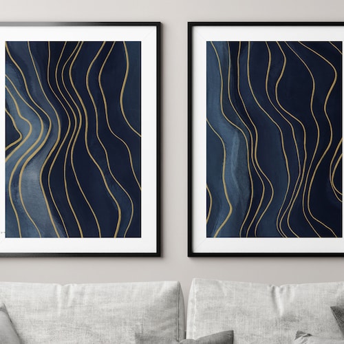 Navy Blue Wall Art Abstract Art Set of 2 Prints Diptych Etsy