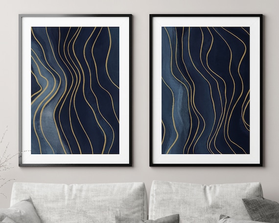 Abstract Navy Blue and Gold Prints Set of 2 Blue Wall Art | Etsy