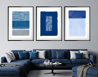 Abstraktes hellblaues und graues Druckset von 3, minimalistisches Wandkunst-Set von 3, moderne Wohndekoration, Blau-Weiß-Druck-Set, nordische Kunstdrucke