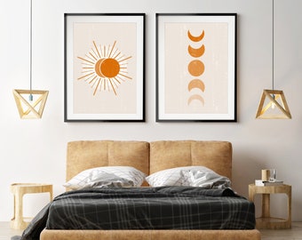 Abstract Print Set of 2, Boho Print Set, Abstract Sun Wall Art, Orange and Beige Art Prints, Minimalist Wall Art, Sunset Wall Art Set of 2