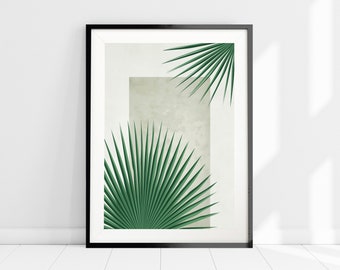 Estampado de arte minimalista verde y beige, estampado de palma de abanico, arte de pared boho, decoración de pared neutra, impresión de hoja tropical, arte abstracto de pared de hoja de palma
