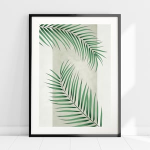 Minimalist Green Art Print, Palm Leaf Print, Boho Wall Art, Neutral Wall Decor, Tropical Leaf Print, Abstract Green and Beige Wall Art