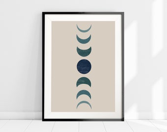 May include: A framed print with a beige background and a vertical arrangement of blue and teal crescent moons and a full moon.