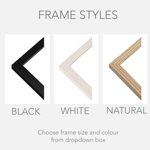 May include: Three frame styles for artwork: black, white, and natural wood. Choose frame size and color from the dropdown box.