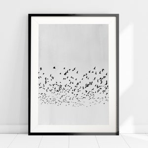 Grey Nordic Wall Art, Minimalist Scandinavian Print, Grey Bird Flock Silhouette Art Print, Nature Poster, Flying Birds Print, Watercolour