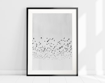 Grey Nordic Wall Art, Minimalist Scandinavian Print, Grey Bird Flock Silhouette Art Print, Nature Poster, Flying Birds Print, Watercolour