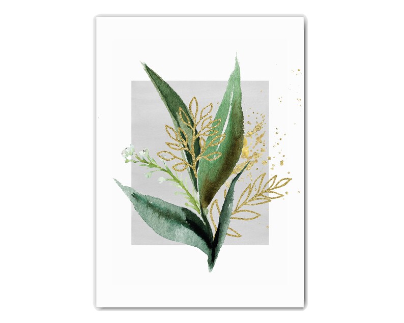 Green and Gold Leaf Print Botanical Wall Art Grey Art Print - Etsy