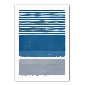 May include: Abstract art print with a blue and gray color scheme. The print features three horizontal stripes, with the top stripe being white and blue, the middle stripe being blue, and the bottom stripe being gray.