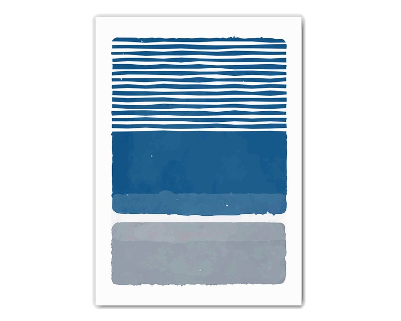 May include: Abstract art print with a blue and gray color scheme. The print features three horizontal stripes, with the top stripe being white and blue, the middle stripe being blue, and the bottom stripe being gray.