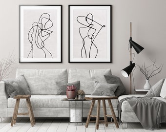 Abstract Figures Line Art Print Set, Grey Line Art Set, Female Body Art Print Set of 2, Modern Minimalist Wall Art, Living Room Art Decor