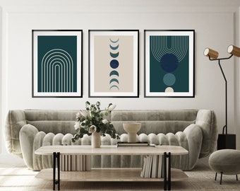 Green and Beige Print Set of 3, Dark Green Berlin Arches Art, Minimalist Wall Art, Moon Phases Art, Green Wall Decor, Geometric Art Prints