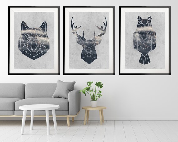 Set of 3 Grey Prints, Geometric Woodland Animals Print Set, Wall Art Set, Foggy Forest Abstract Print Set, Poster Set, Artwork Set