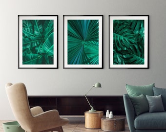 Tropical Leaf Print Set, Botanical Print Set of 3, Green Leaf Wall Art, Palm Leaf Art Print Set, Green Leaf Poster Set, Palm Tree Prints