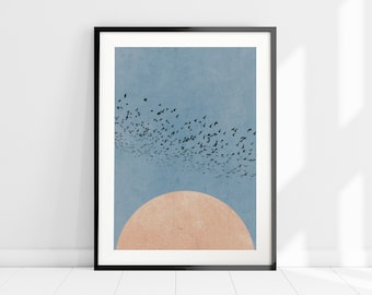 Pink Moon Silhouette Bird Flock Print, Boho Minimalist Art Print, Scandi Art, Blue and Pink Art Print, Japandi Wall Art, Blue Wall Decor