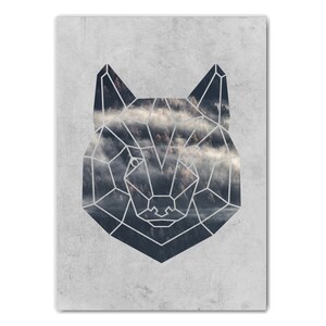 May include: A geometric wolf head design with a foggy forest scene inside. The wolf head is outlined in black and the forest scene is in shades of gray and blue.