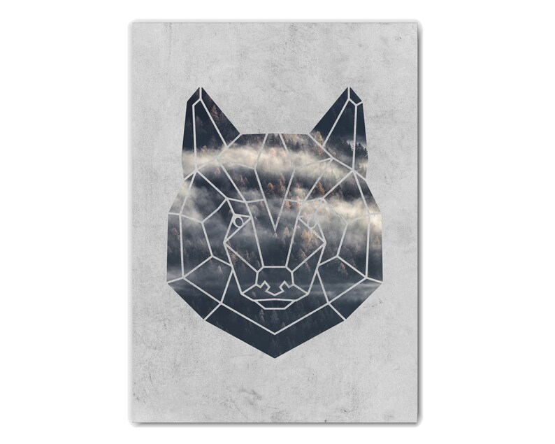May include: A geometric wolf head design with a foggy forest scene inside. The wolf head is outlined in black and the forest scene is in shades of gray and blue.