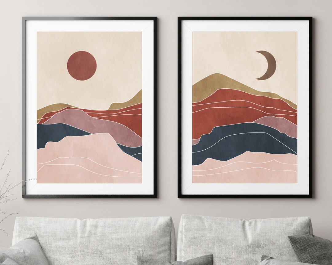 Boho Sun and Moon Set of 2 Art Prints, Abstract Mountains Art Prints ...