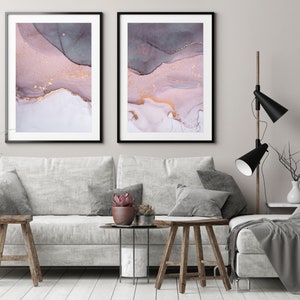 Pink Abstract Art Print Set of 2, Grey Pink Gold Watercolour Wall Art, Wall Art Painting Print Set, Pink and Grey Minimalist Modern Wall Art