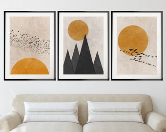 Sun Birds and Mountains Silhouette Set of 3 Prints, Nordic Prints, Minimalist Wall Art Set, Abstract Art Print Set, Burnt Orange Home Decor
