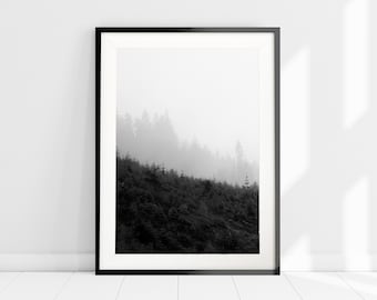 Nordic Forest Art Print, Scandi Wall Art, Black and White Foggy Forest Print, Minimalist Scandinavian Wall Decor, Misty Woodland Print