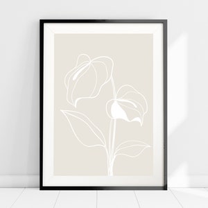 Calla Lilly Line Art Print, White Lilly Beige Background Print, Minimalist Botanical Wall Art, Floral Line Art, Neutral Beige Home Decor