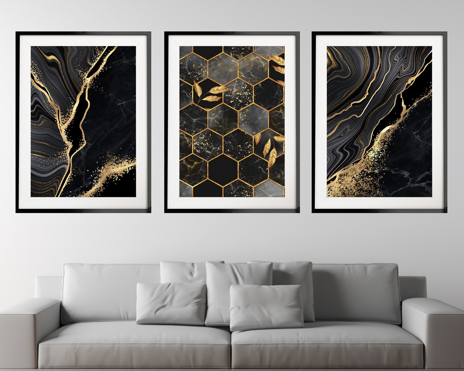 Abstract Black and Gold Print Set of 3, Grey Geometric Prints, Marble ...
