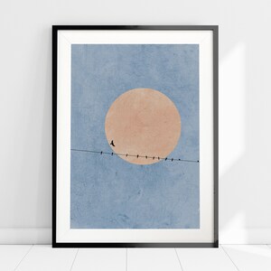 Moonlight Silhouette Print, Birds Nature Abstract Art Print, Pink Moon Nordic Minimalist Wall Art, Scandinavian Wall Art, Nordic Home Decor imagen 1